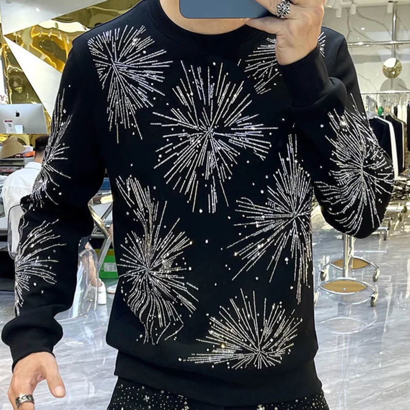 Men's Diamond Long Sleeve Pullover Casual T Shirt Men Streetwear Hip Hop Punk Gothic Tshirt Stage Tees Shirt Fall Long Sleeve