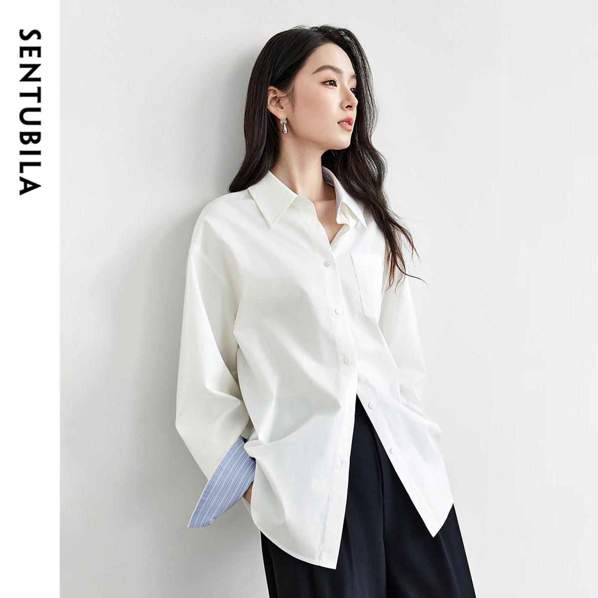 SENTUBILA Women Top Commuting Love Heart Embroidery Color Blocking Turned-up Striped Shirt Drop Shoulder Loose Blouse 151C57513