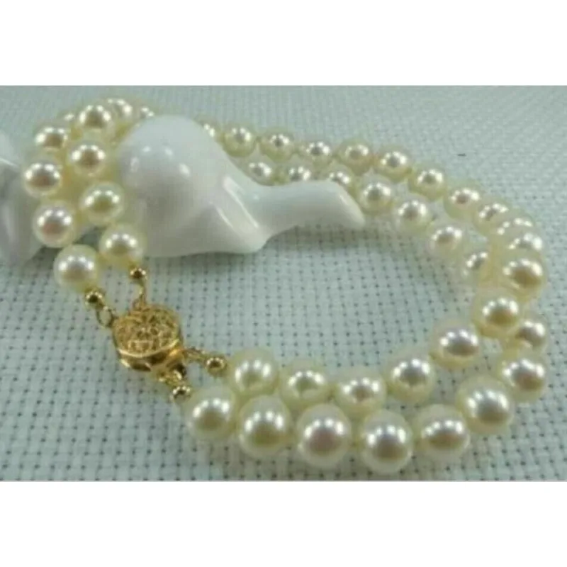 2 ROW 7-8MM REAL NATURAL WHITE AKOYA PEARL WOMEN'S BRACELET 14K AAA  7.5-8 INCH