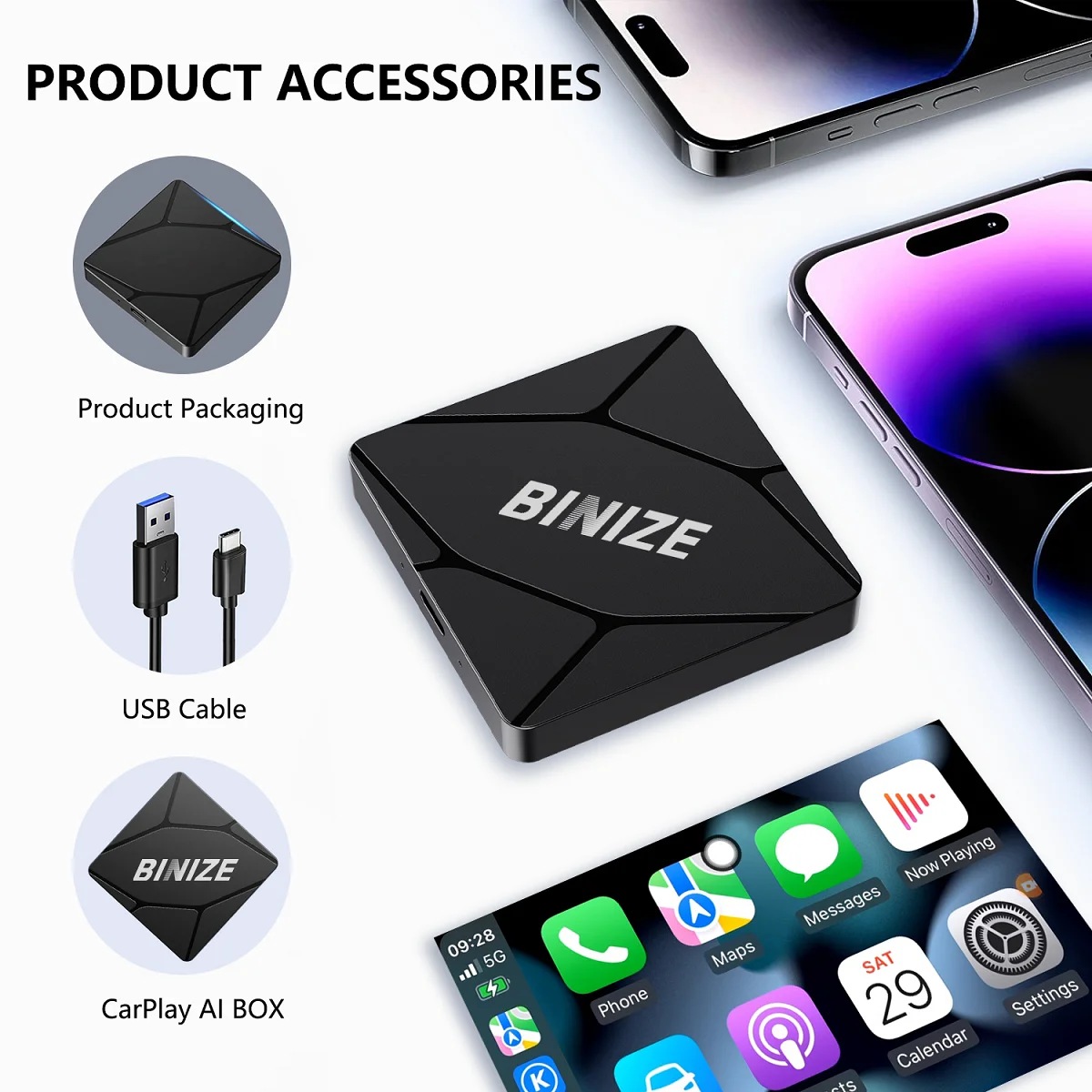 Binize Wireless CarPlay Adapter Dongle For Car with OEM Wired Carplay Plug And Play For Volkswagen Toyota Peugeot Volvo Honda