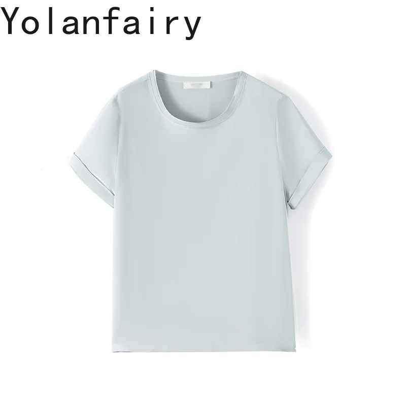 YOLANFAIRY 40mm Heavy Crepe 100% Mulberry Silk T Shirts for Women Summer O-Neck Elegant Short Sleeve Tees Simple T Shirt Damen