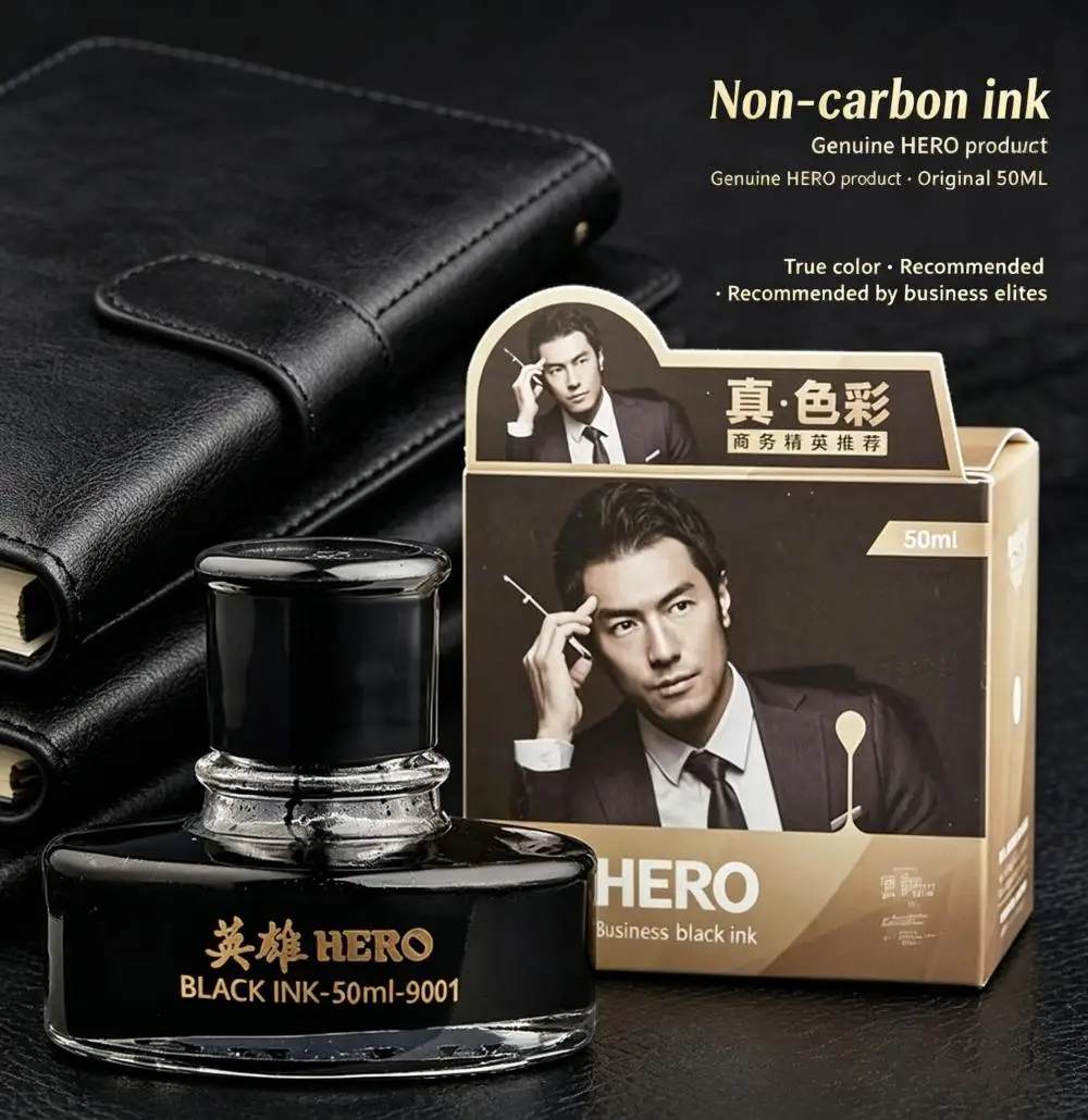 Hero 9001 Professional Black Ink 50ml Dye-Based Fast-Drying Non-Clogging Fluid Ink for Business Office Fountain Pen Stationery