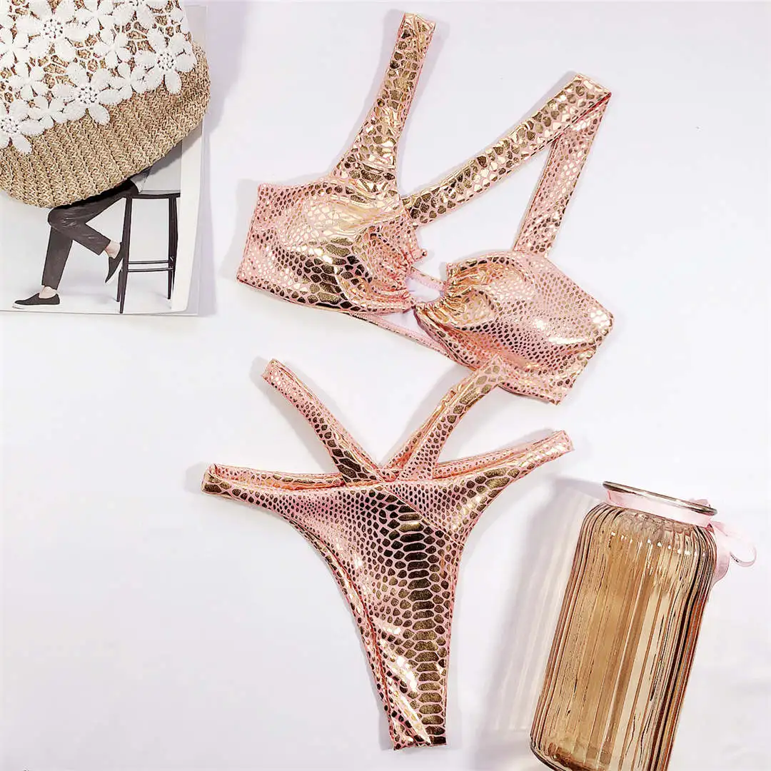 Sexy, asymmetrischer Bikini mit Schlangenmuster, Damen-Badeanzug, zweiteiliges Bikini-Set, Badebekleidung mit Trägern, Badeanzug, Modell V1923. – Detail 25