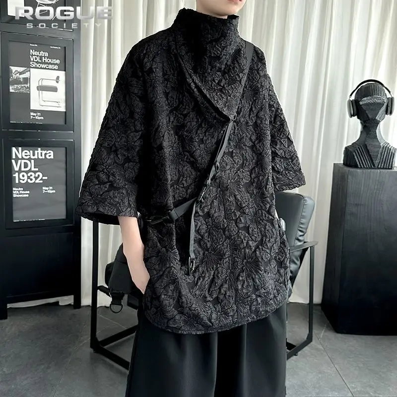 

Hip Hop Y2K Aesthetic Men Summer Shirt Luxury Textured Jacquard Turtleneck Loose Harajuku Streetwear Unisex Style Casual Tops