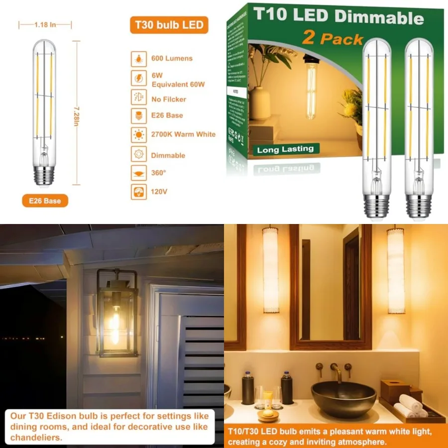 

T10 Tube Bulb LED 6W Equal. 60W, 7.3 Inch T10 Tubular Light Bulbs E Dimmable 700K Warm White, Clear Glass T10/T30 LED Edison Bu