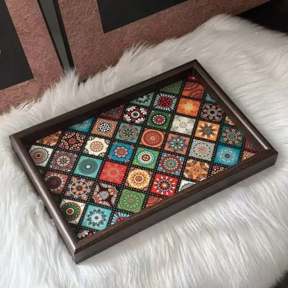 Bohemian Style Wooden Tray Handmade 30x20cm Jewelry Storage Tray Square Snack Tray for Desktop Foyer Decoration Home Storage