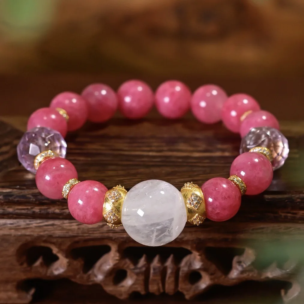 

Natural Rose Stone Bracelet, Snowflake Phantom Faceted Amethyst 925 Silver, Healing Crystal Jewelry Gift for Women