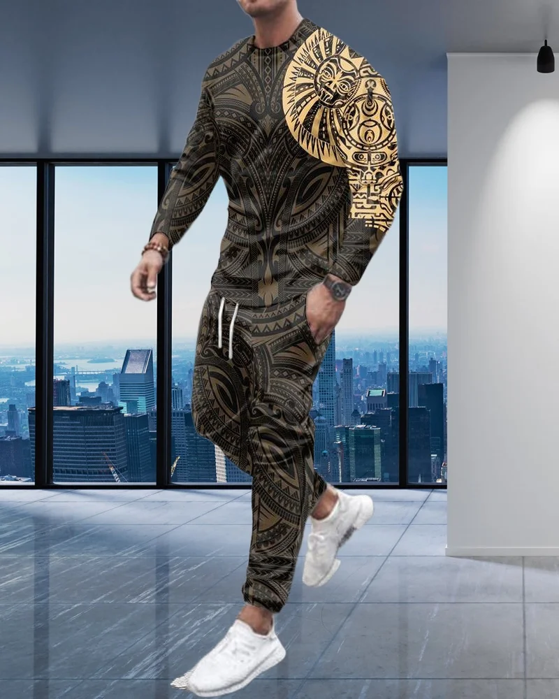 

25 Latest Explosive Suits 3D Printed Ethnic Style Hunting Graffiti Men's Fashion Trend Long Sleeve T-Shirt Pants Set for Adults