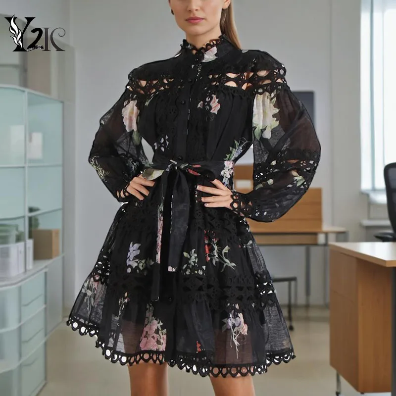 Y2K clothes designer hollowout lace up loose long sleeve midi dresses for women runway holiday beach luxury party dress vestidos