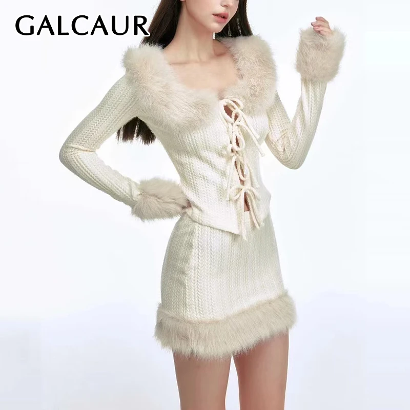 GALCAUR Knitted Two Piece Set For Women Square Collar With Fur Long Sleeve Spliced Lace Up Top High Waist Mini Skirt Sexy Female