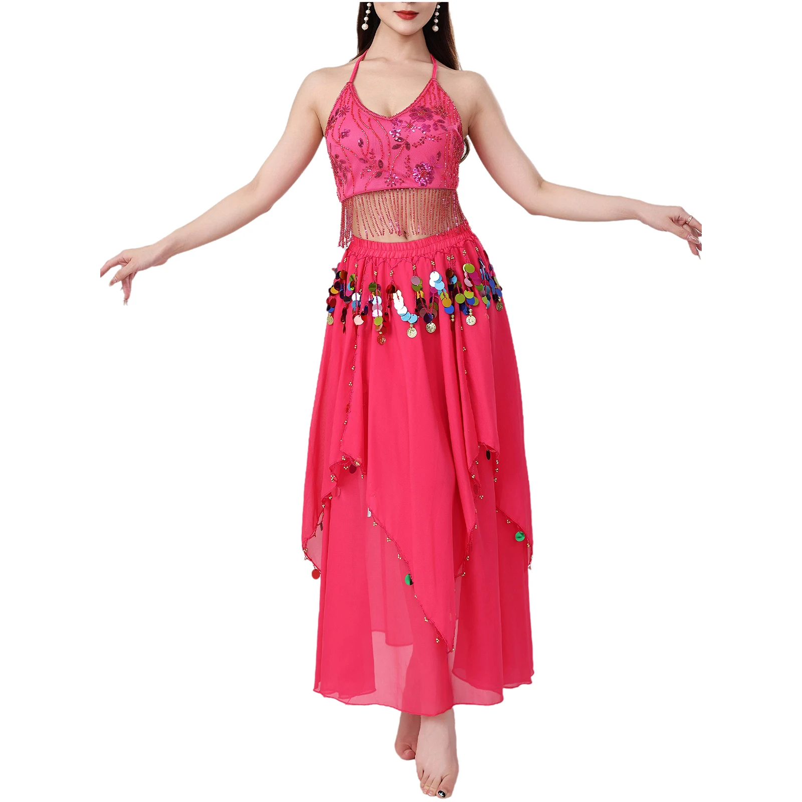 

Women Belly Dancing Sequin Tassel Outfit Fringe Embroidered Lace-up Crop Top+Skirt 2-piece Dancewear Set for Stage Dancing Class