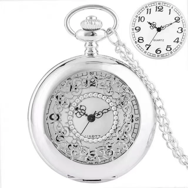 Skeleton Pink Flower Vintage Pocket Watch Dream Starry Sky Flip Pointer Quartz Watch Men's and Women's Decorative Large Pendant