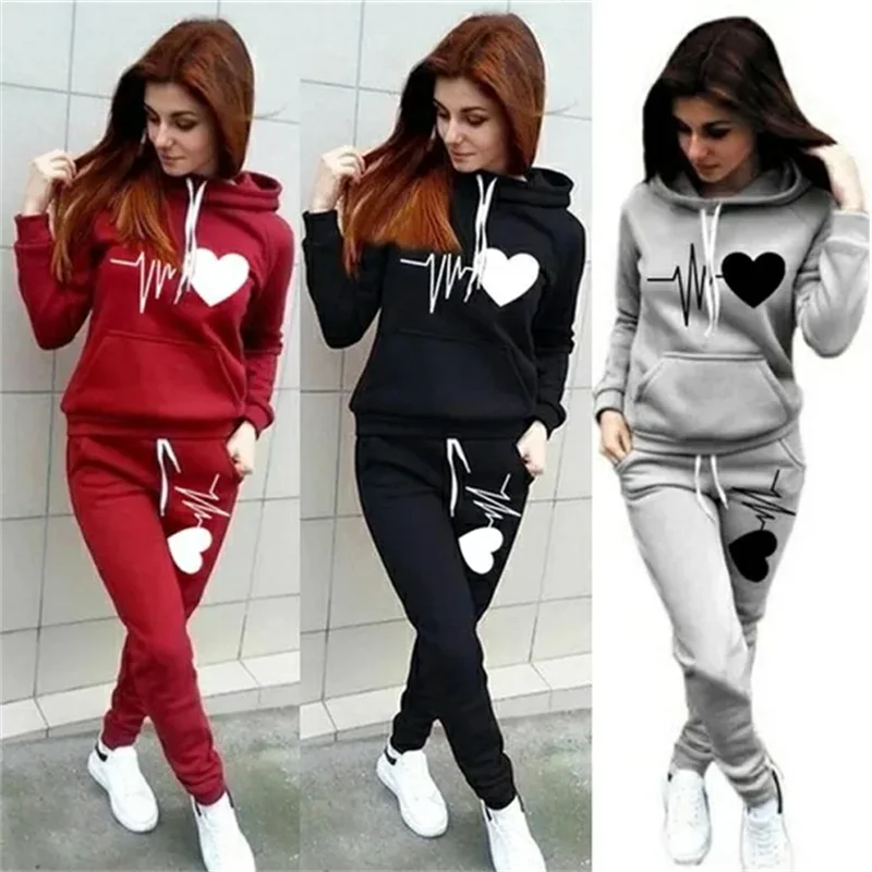 Hot Women\'s Hooded Pants Love Printed Sportswear Autumn and Winter Two Piece Sweatshirt Sweatpants with Pockets Sweatshirt Set