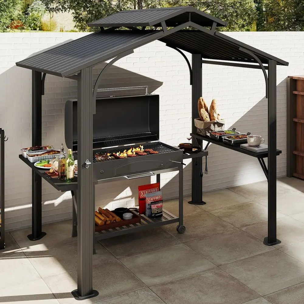 

Domi 8x5FT Hardtop Grill Gazebo, Grill Canopy for Outdoor Grill w/Double Galvanized Steel Roof, 2 Side Shelves and Ceiling Hooks