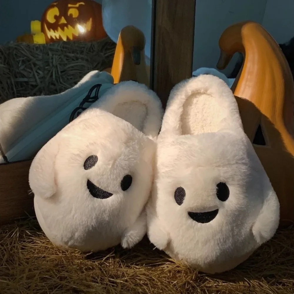 Cute Soft Ghost Slippers Non-Slip Silent Halloween Plush Slippers EVA Fur Winter Fluffy Slides Indoor
