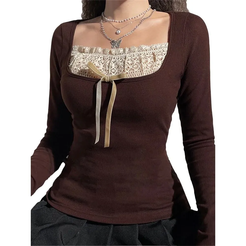 

Y2K Women's Long Sve Knitted Lace Stitching Neline Faionable Retro Sle Autumn Top for Ladies