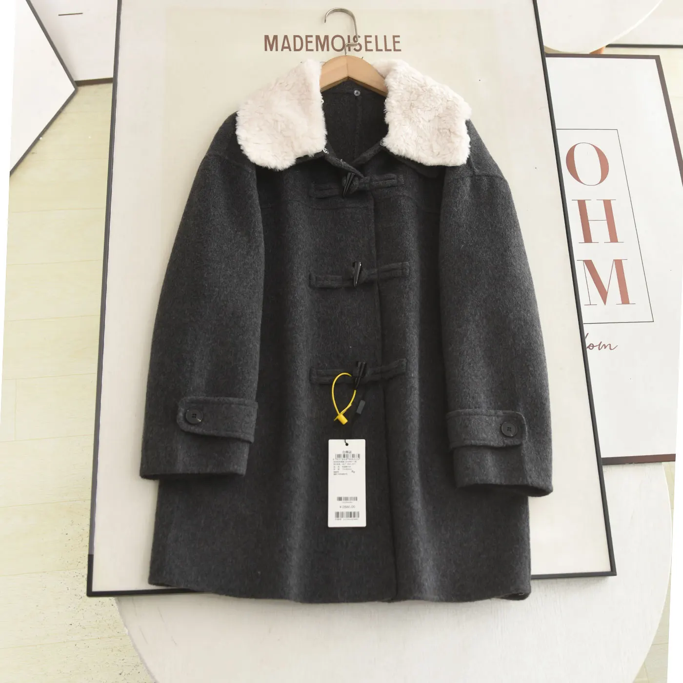 Vintage Toggle-button Detachable Square-neck Gray Wool-blend Coat Harajuku Casual Preppy Niche Women's Winter Trendy Outerwear