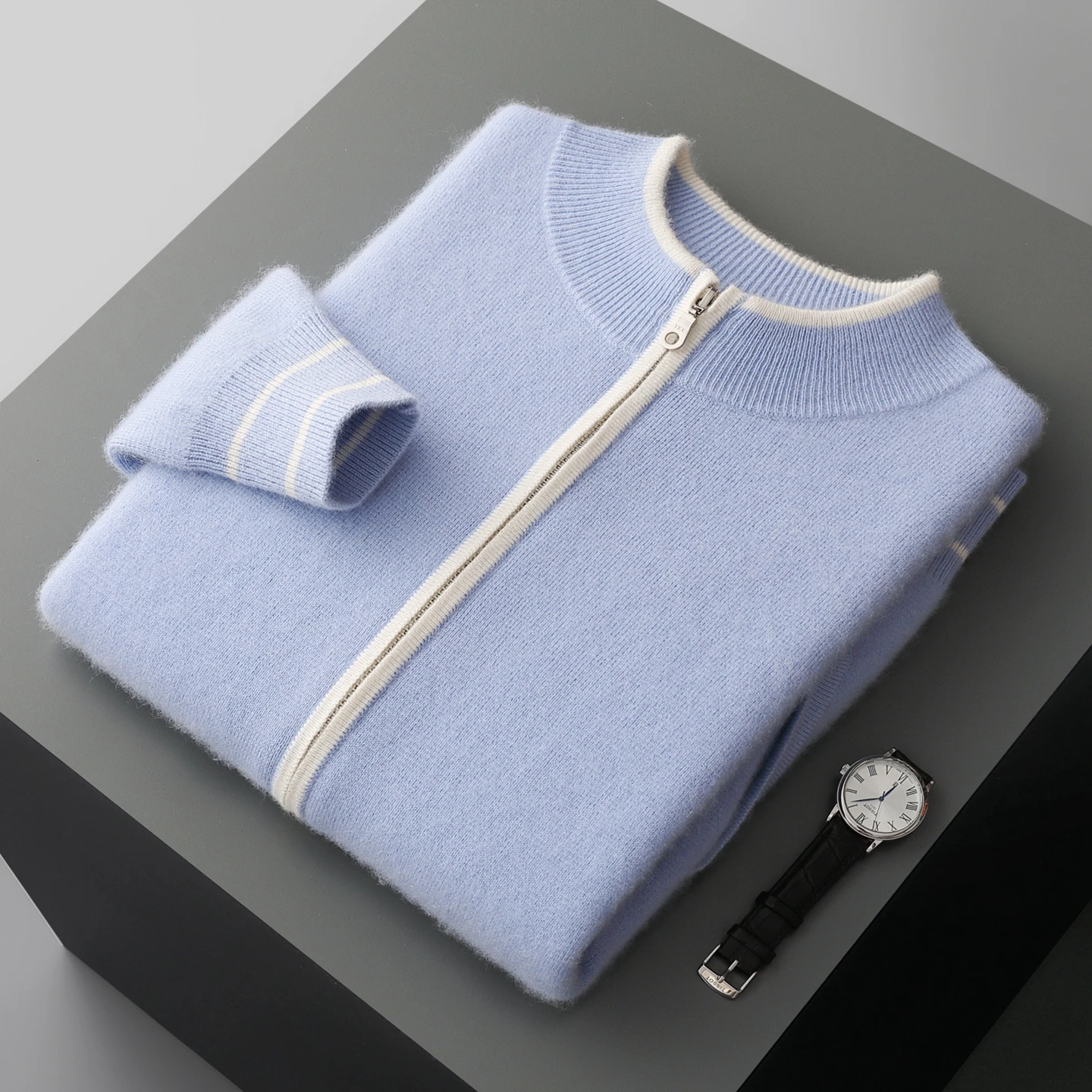 Men 100% Merino Wool Cardigan Coats Zipper Jacket Sweater Autumn Winter Contrast Color New Fashion Thick Warm Versatile Knit Top