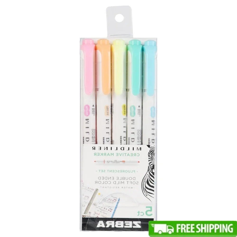 

Double Ended Highlighter Mildliner 5 Count Fluorescent Colors Water Resistant Chisel Fine Point Non Toxic Assorted Storage Case