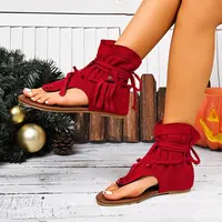 Women's Tassel Gladiator Sandals Thong Flip Flops Ankle Wrap Fringe Flat Heel Summer Beach Shoes - Image 5