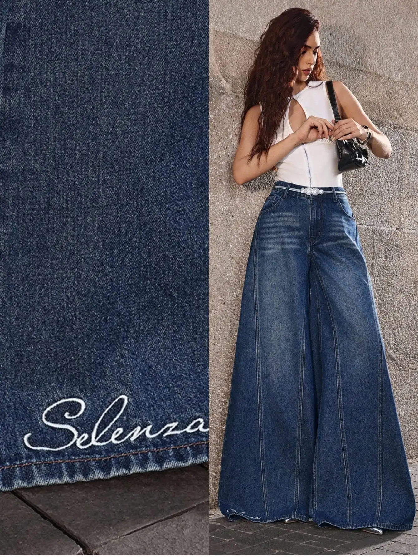 

Женские джинсы с высокой талией и широкими штанинами, с вышитыми деталями