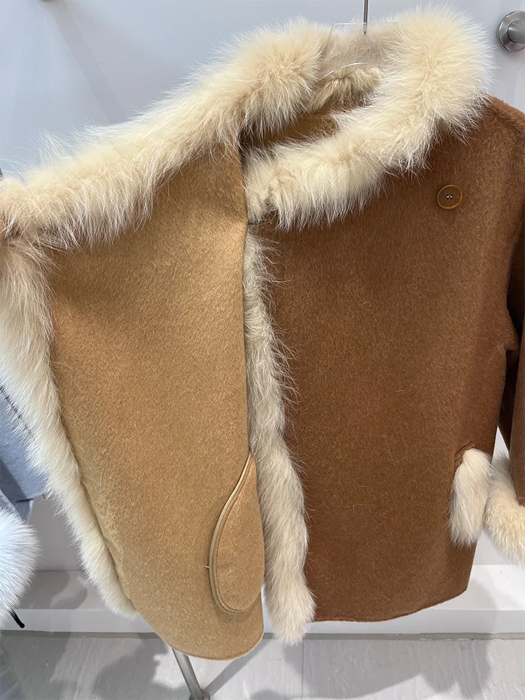2025년 신상 겨울 따뜻한 여성용 천연 여우털 칼라 코트 재킷 울 망토 캐시미어 럭셔리 두꺼운 여성 코트
