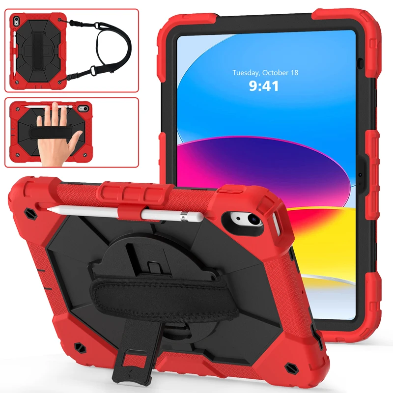 

For iPad 10th 2022 10.9 Case 3 in 1 Hybrid Heavy Duty Rugged Soft Silicone + Hard Stand Cover With Nylon Strap For iPad 10 Gen