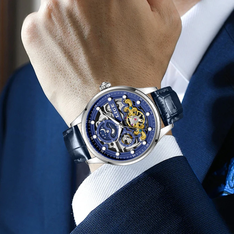 Men's Simple Dial Mechanical Watch with Leather Strap