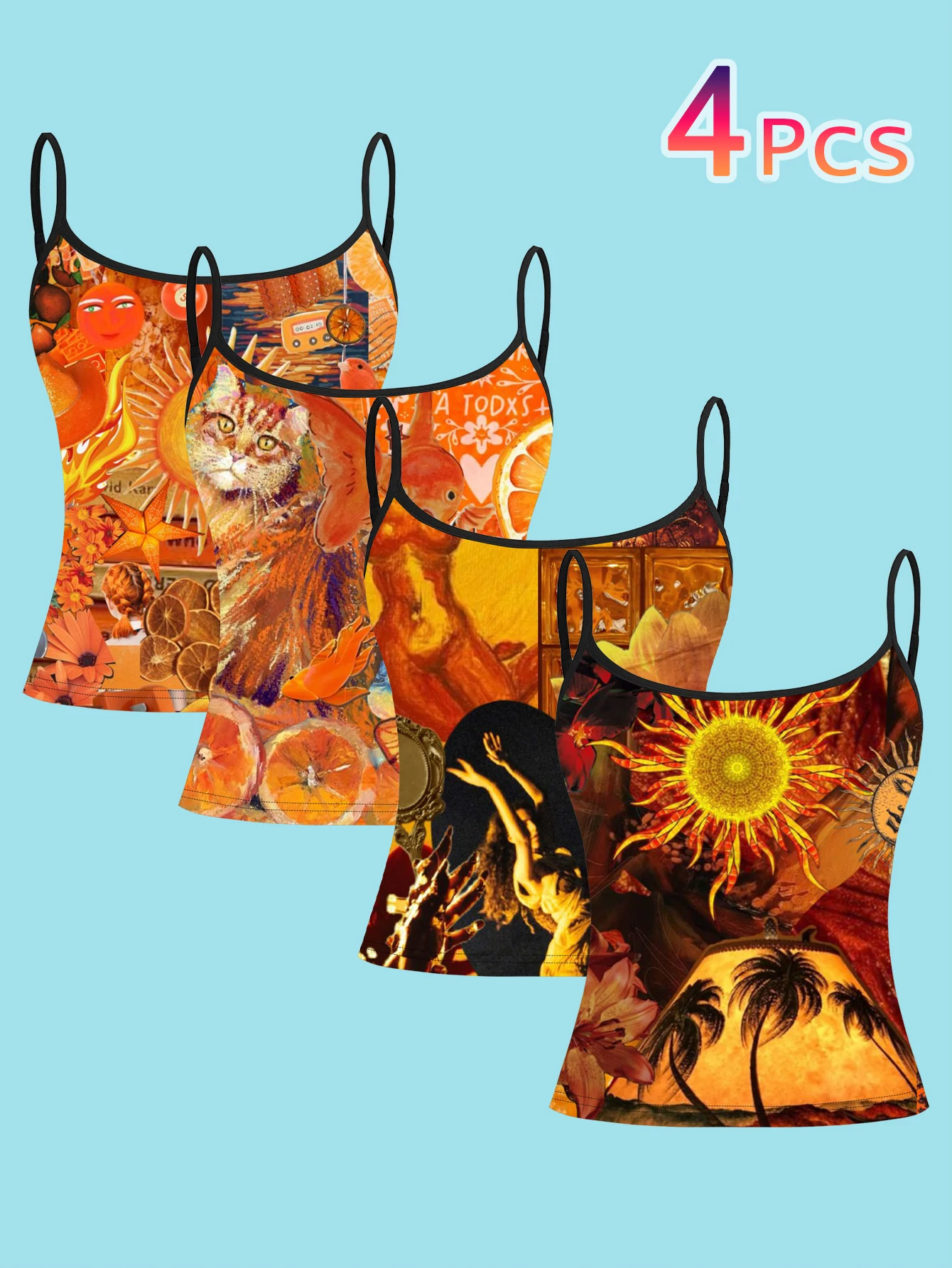 4-Piece Set of Warm Orange Vintage Collage Print Camisoles for Women, Featuring Cat, Orange, Sun, and Portrait Art, Slim-Fit Spaghetti Strap Tops