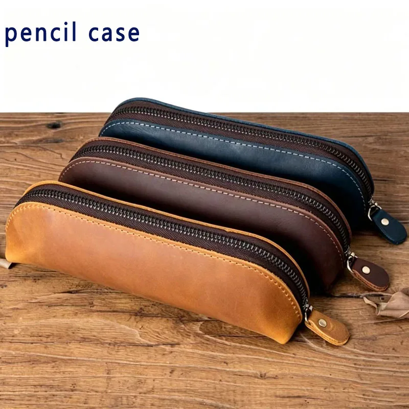 1 Stück minimalistisches Schreibwaren-Etui, Vintage-Leder-Federmäppchen, Federmäppchen mit Reißverschluss, Schulbedarf