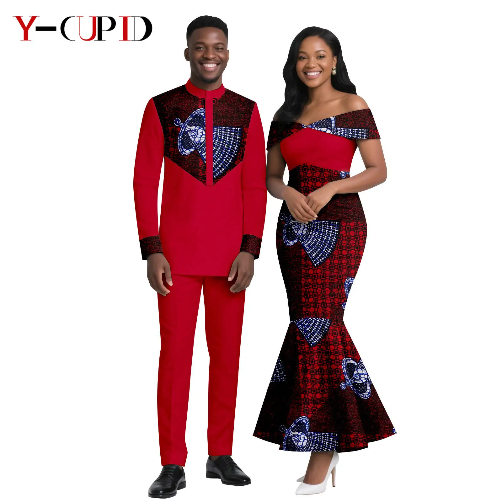 

Платья русалки с африканским принтом для женщин, одинаковая одежда для пар, мужская одежда, комплекты топов и брюк Dashiki, свадебная вечеринка 25C071