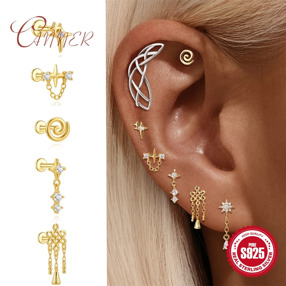 CANNER 925 Sterling Silver Star/Morning Glory/Waves of Wheat Piercing Earrings For Women Shiny Line Gothic Style Party Gifts