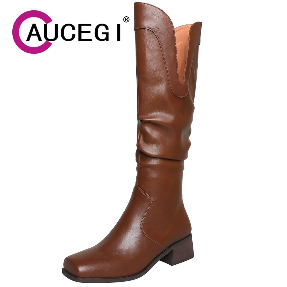 

Aucegi Attractive Autumn Women's Fashion Pleated Knee High Boots Quality Leather Slip On Thick Heels Square Toe Versatile Shoes