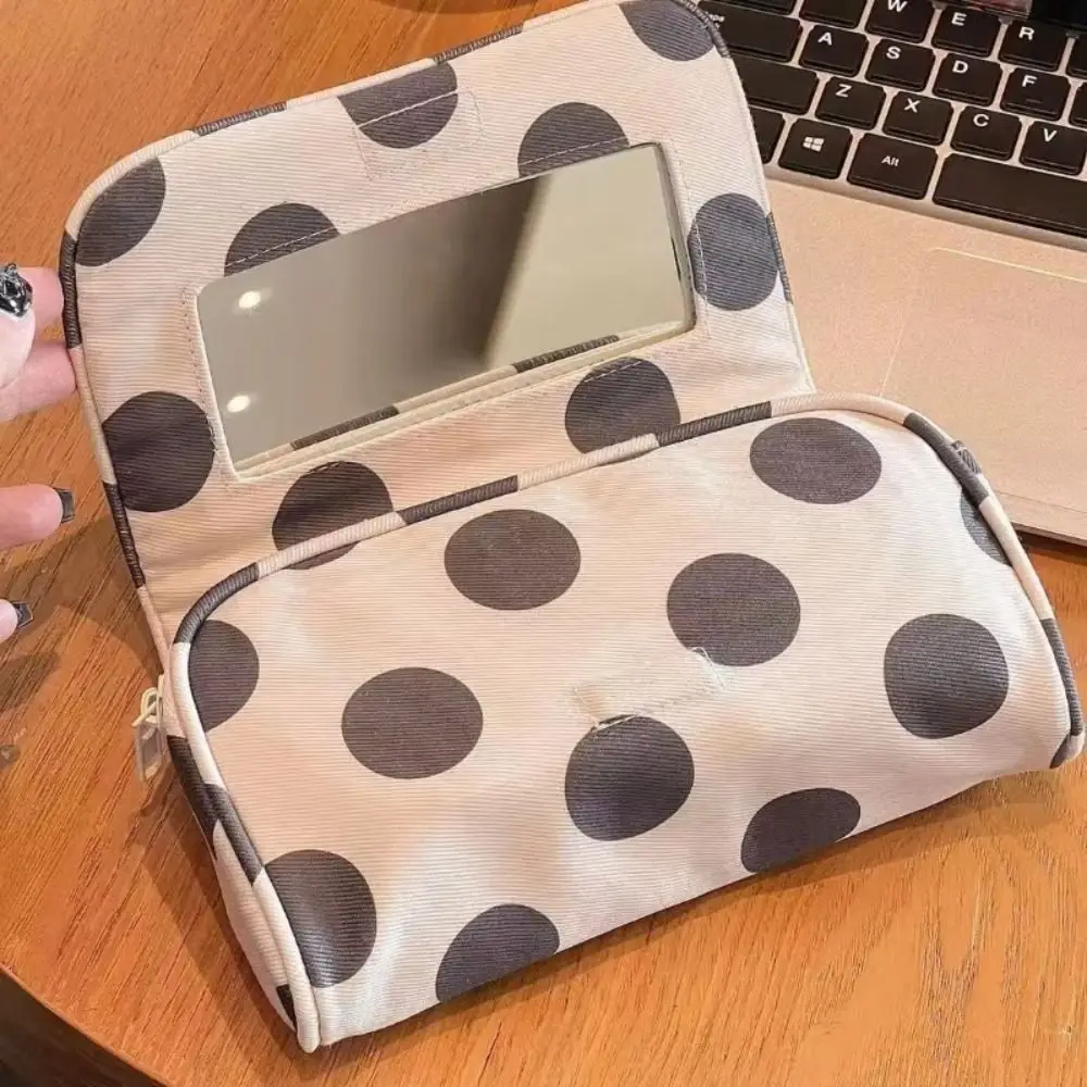 Polyester Cosmetic Bag Flap Closure Polka Dot Pattern Square Makeup Pouch Multi Compartment Twill Texture Travel Storage Pouch