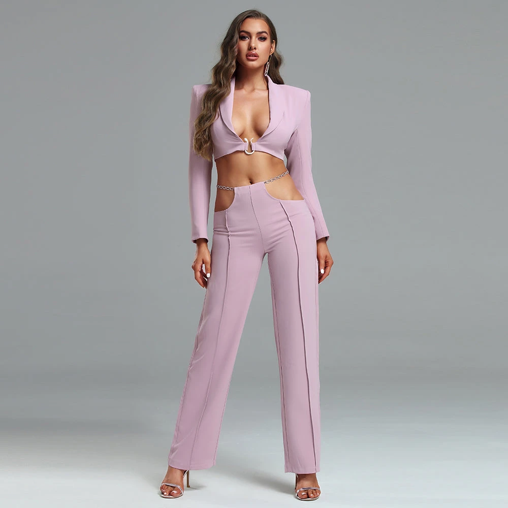 Retro Luxurious Snake Buckle Cropped Blazer Set Women Sexy Cutout Pants Two Piece Matching Outfits Casual Date Birthday Party