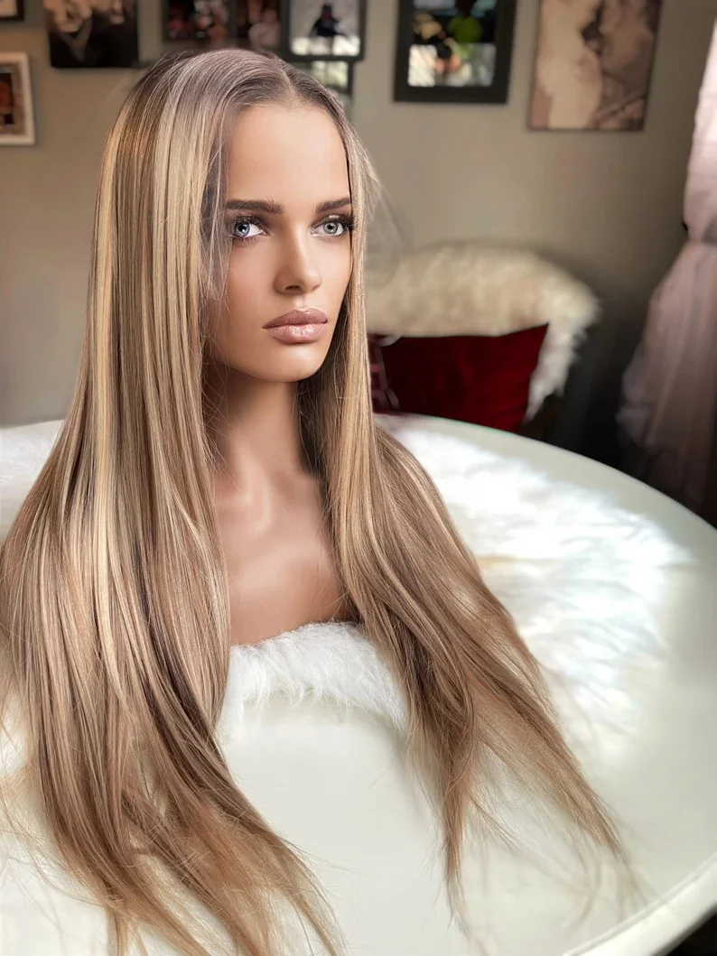 

Costume Natural Lace Front Wig Heat Resistant Synthetic Warm Blonde Highlighted Wig Long Wig Straight Hair Loss Chemotherapy