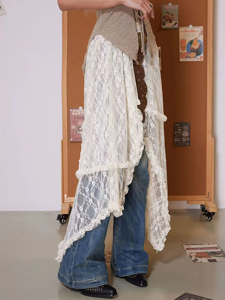 Y2K غير النظامية الدانتيل ميدي التنانير للنساء عالية الخصر الشارع الشهير مثير الجوف خارج تنورة طويلة الكورية شيك غير المبطنة ألف خط التنانير جديد