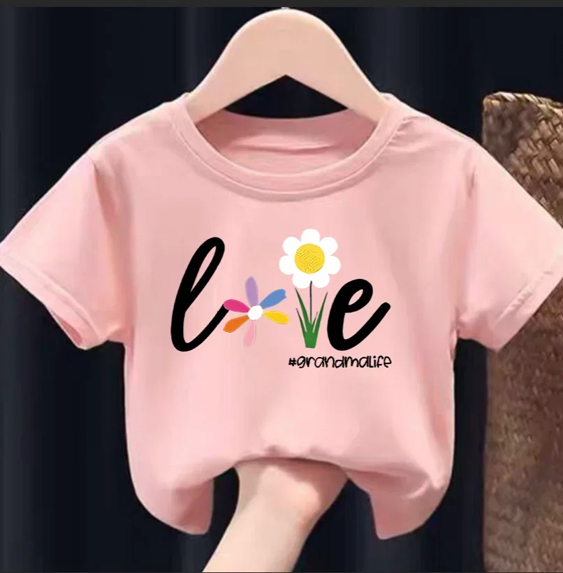 Top de manga corta con cuello redondo para niñas, Top con estampado de flores en inglés, ropa de verano para niños y niñas, nuevo estilo