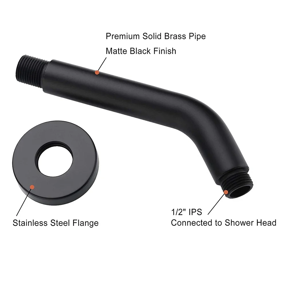 6 Inch Shower Arm and Flange - Solid Brass Wall Mounted Shower Arm Replacement for Fixed Shower Head Matte Black