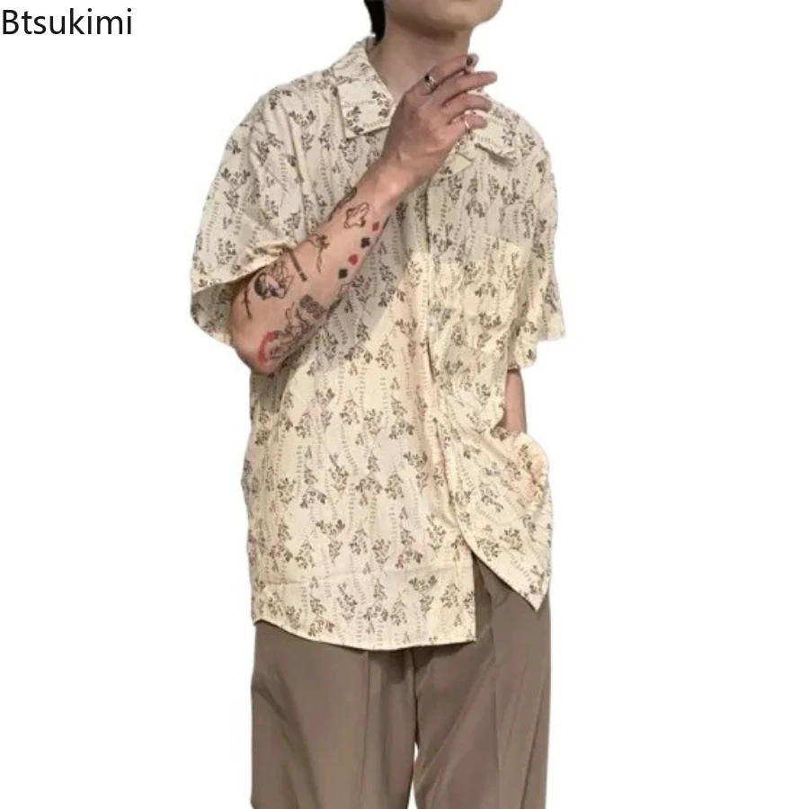 

Лето 2022, новая винтажная рубашка с короткими рукавами, мужская пляжная рубашка в стиле ретро с кубинским воротником и цветочным принтом, повседневная элегантная рубашка унисекс большого размера, элегантный готический топ