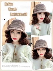Synthetic 6inch plaid fisherman hat short curly hair wig brown princess curly roo cold warm horse roll Christmas gift