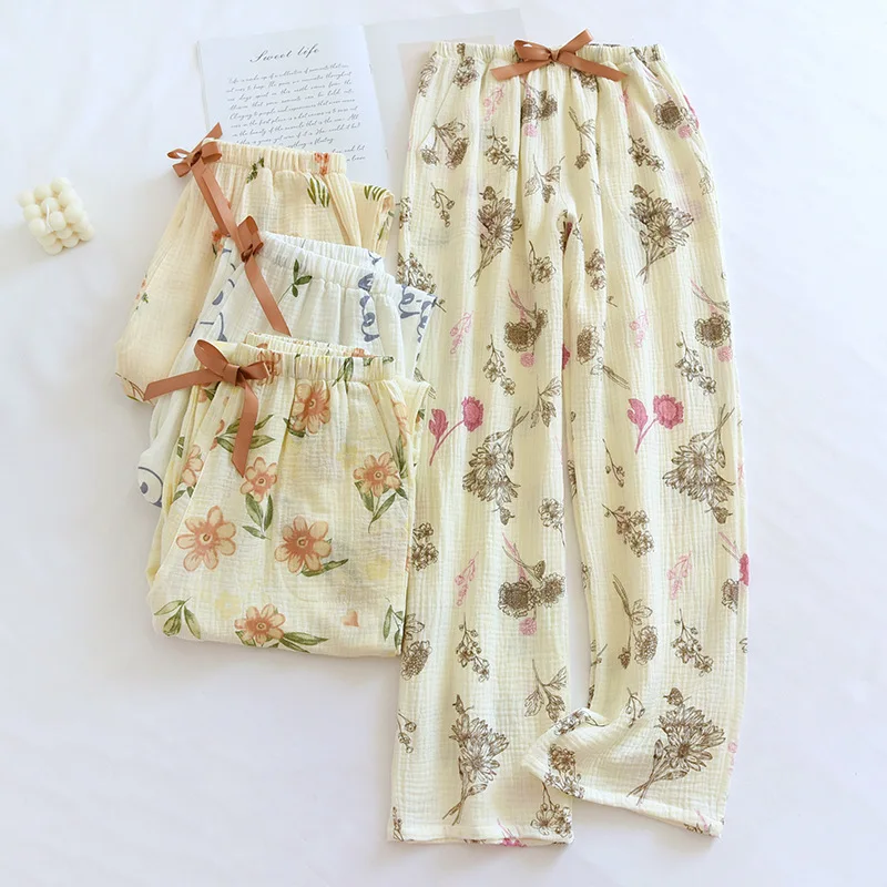 2024 Summer New Women\'s Pajama Pants 100% Cotton Crepe Flower Pants Air Conditioned Pants Thin Large Comfortable Home Pants