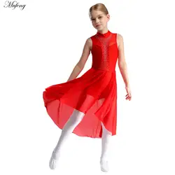 Girls Lyrical Dance Dress Figure Skating Costume Sparkly Rhinestone Ballet Dancewear Sleeveless Mock Neck Asymmetrical Hem Dress