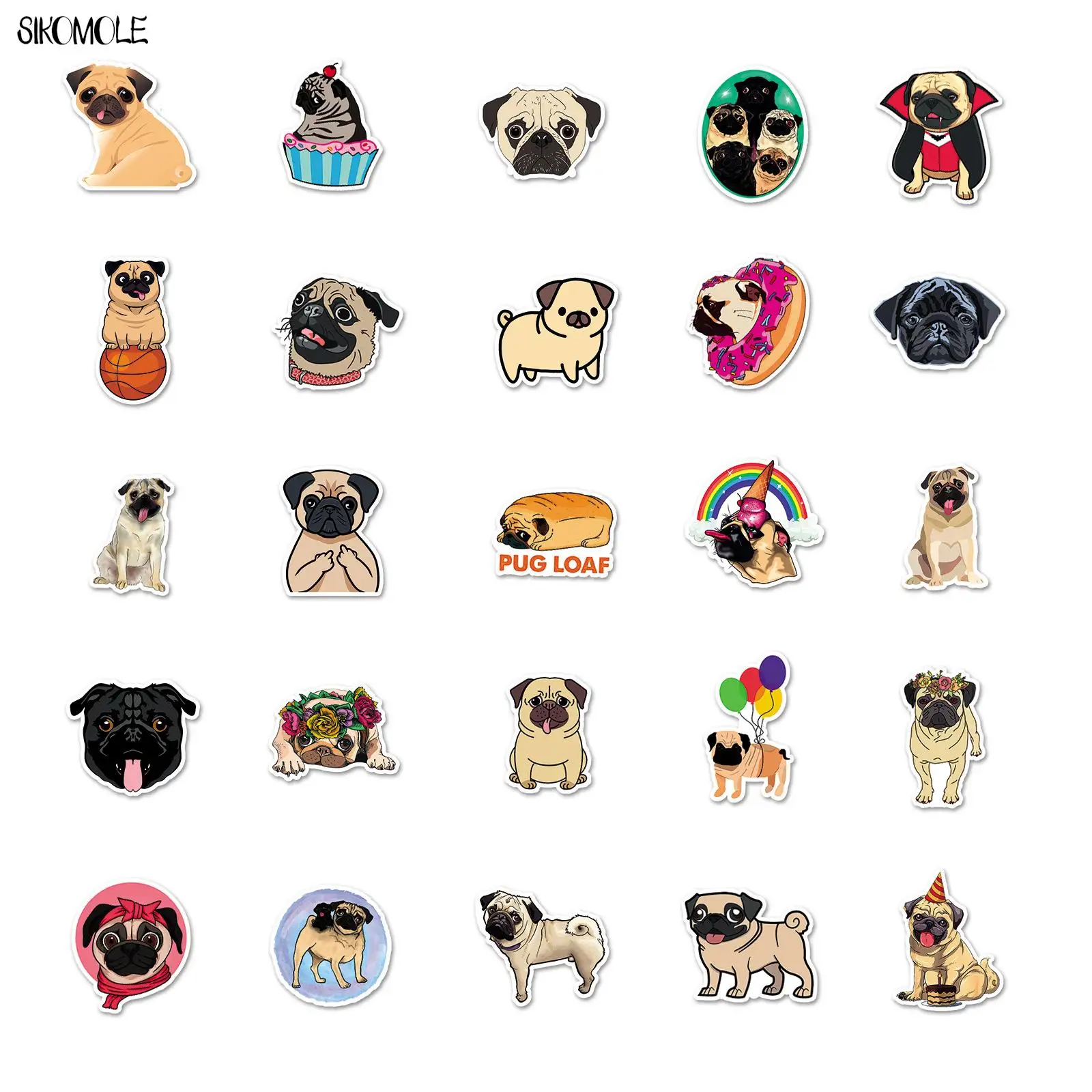10/30/50pcs Cute Pug Dog Stickers Animals DIY Car Laptop Suitcase Skateboard Guitar Phone Cartoon Graffiti Sticker Kid Gift Toys