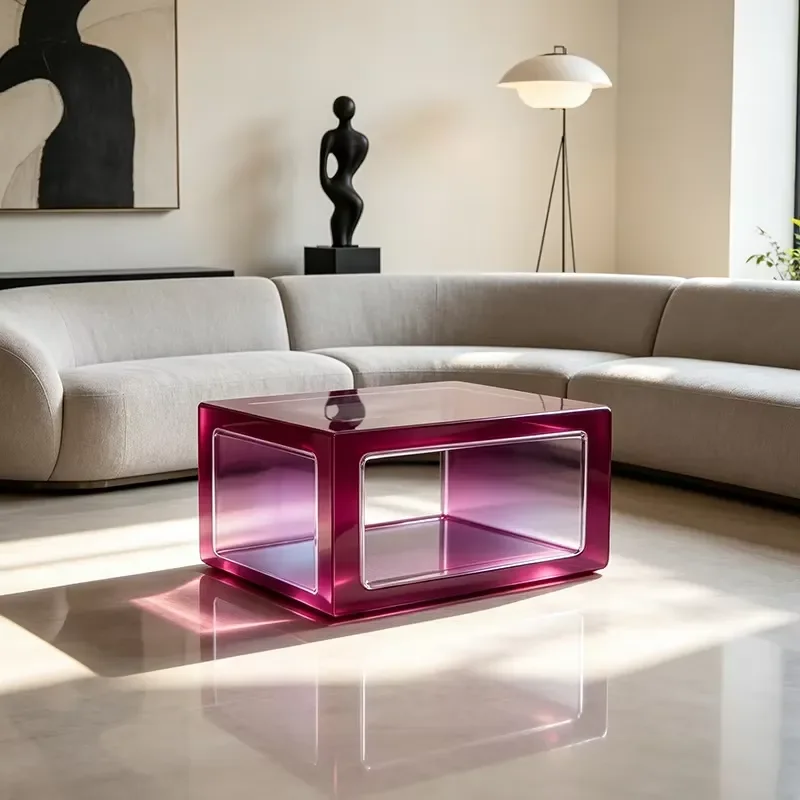 Modern Rectangular Coffee Table Gradual Change Magenta Transparent Resin Hollow Box Durable Eco Friendly Commercial Furniture
