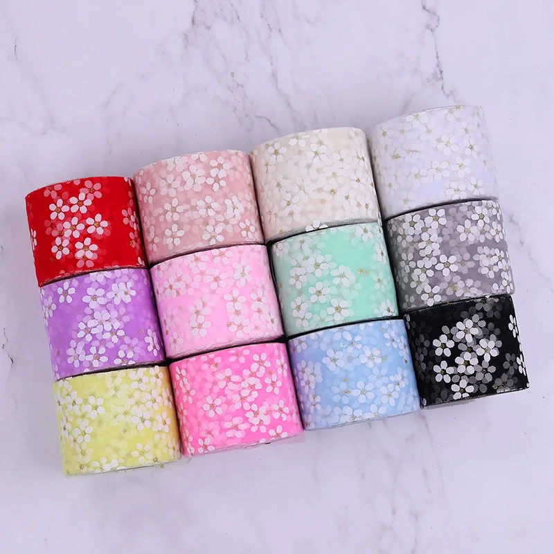 6cm 5Yards Floret Tulle Daisy Ribbon Roll DIY Handmade Craft Hair Ornament Baking Cherry Blossoms Printed Mesh Fabric Supplies