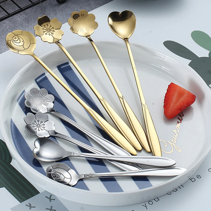 Stainless Steel Teaspoons For Coffee Floral Spoon For Ice Cream Dessert Scoop Kitchen Accessories Wedding Christmas Gift  Rose