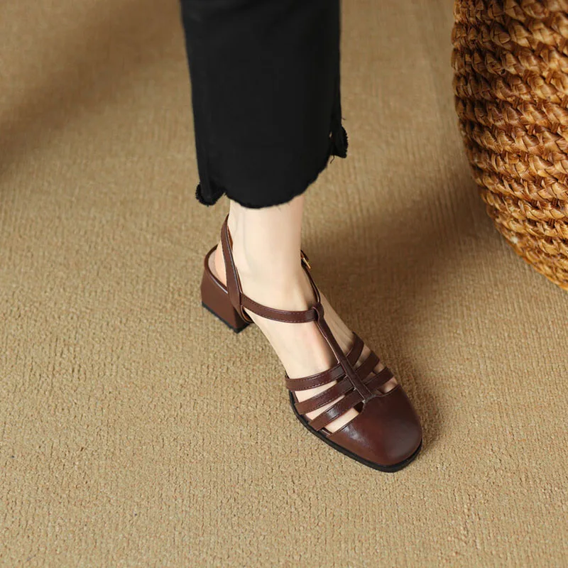 Phoentin T-Strap Elegant Sandals For Women Narrow Bands Middle Heels Square Toe Black Color Laides Shoes Plus Size FT3617