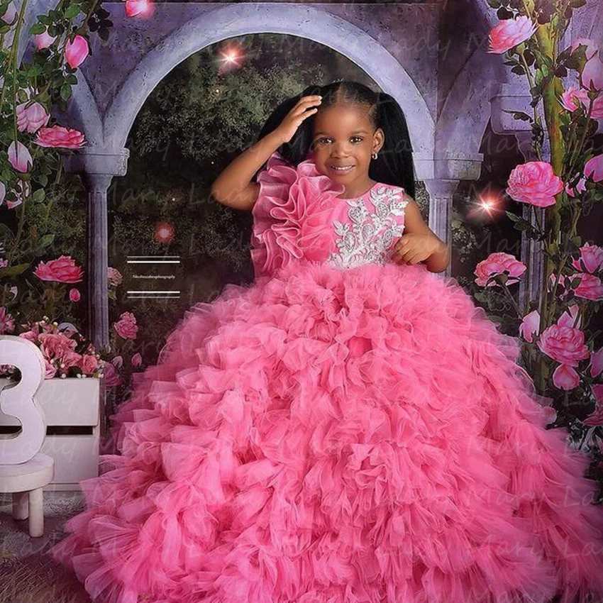 Lovely Pink Cute Flower Girls Dress Ruffle Puffy Ball Gowns Princess African Child Wedding prima comunione Photo Shoot Pageant