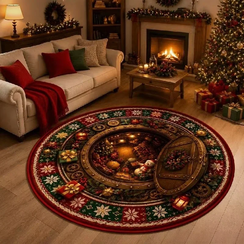 Round Christmas Area Rug 3D Cabin Hatch Snowman Gift Snowflake Print Floor Mat Holiday Living Room Home Decor Carpet